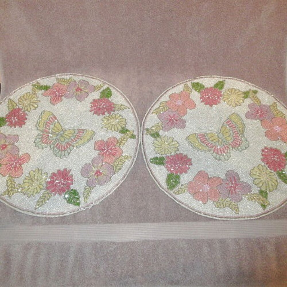 Wild Blossom Beaded Placemats Set Of 2 Centerpiece Butterfly Floral Garden Party